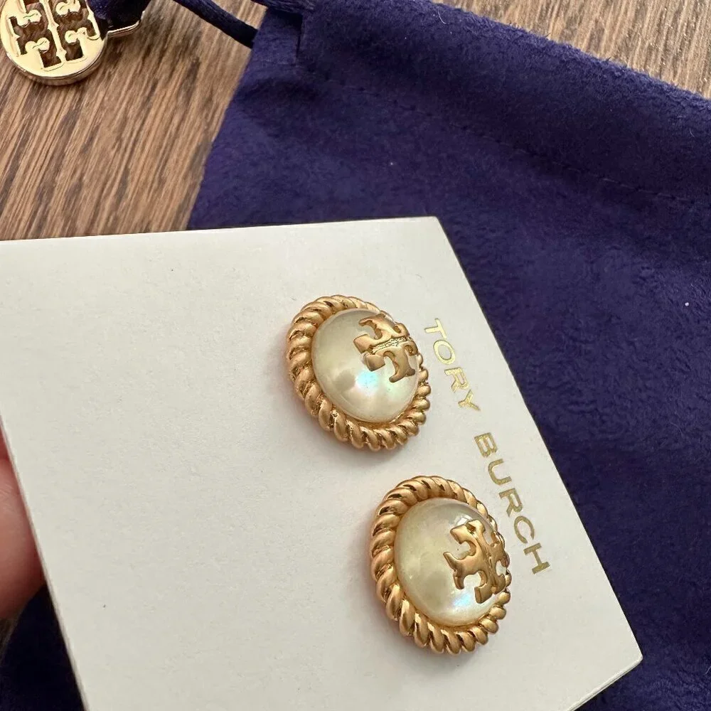 NEW！Tory Burch Roxanne Rope Circle-Stud Earrings -Mother Pearl or Pink Resin